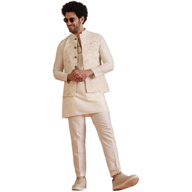 Kisah Men's Kurta Jacket Trouser Set, Off White Cotton Blend, Foil Print Regular Fit Mandarin Collar Long Sleeves, 40
