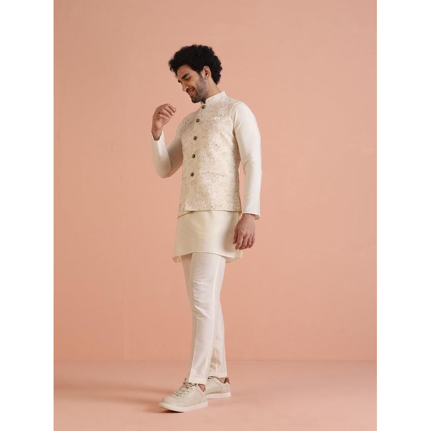 Kisah Men's Kurta Jacket Trouser Set, Off White Cotton Blend, Foil Print Regular Fit Mandarin Collar Long Sleeves, 40