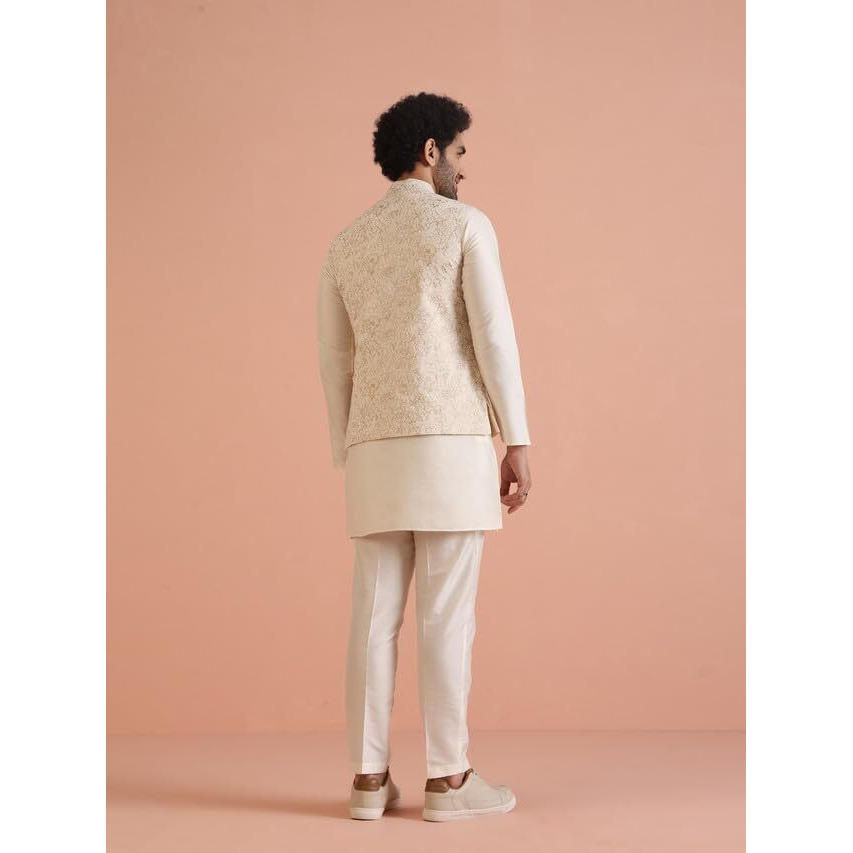 Kisah Men's Kurta Jacket Trouser Set, Off White Cotton Blend, Foil Print Regular Fit Mandarin Collar Long Sleeves, 40