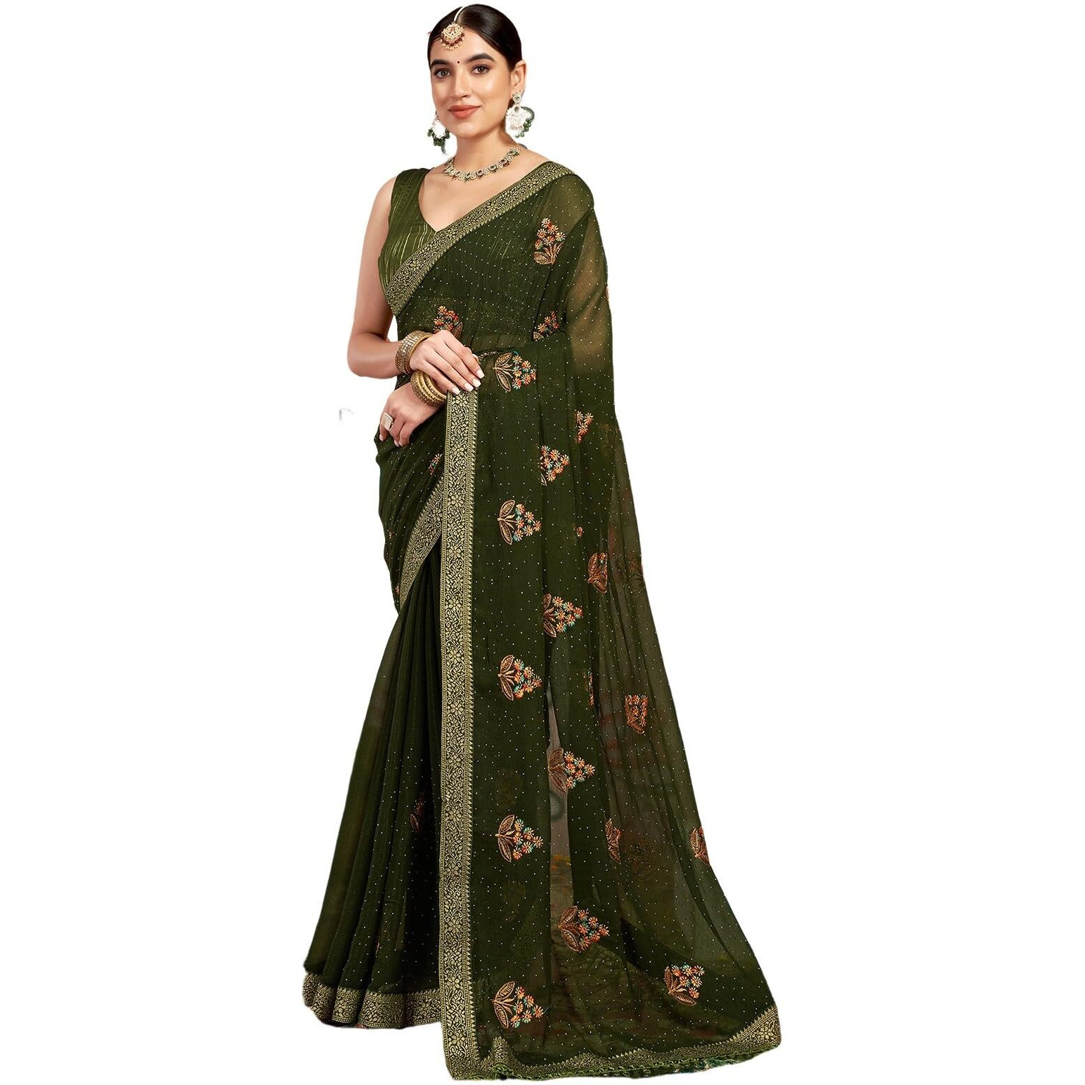 Satrani Women's Georgette Embroidery & Stone Work Saree With Unstitched Blouse Piece (4065S2823N_Olive Green & Multi)