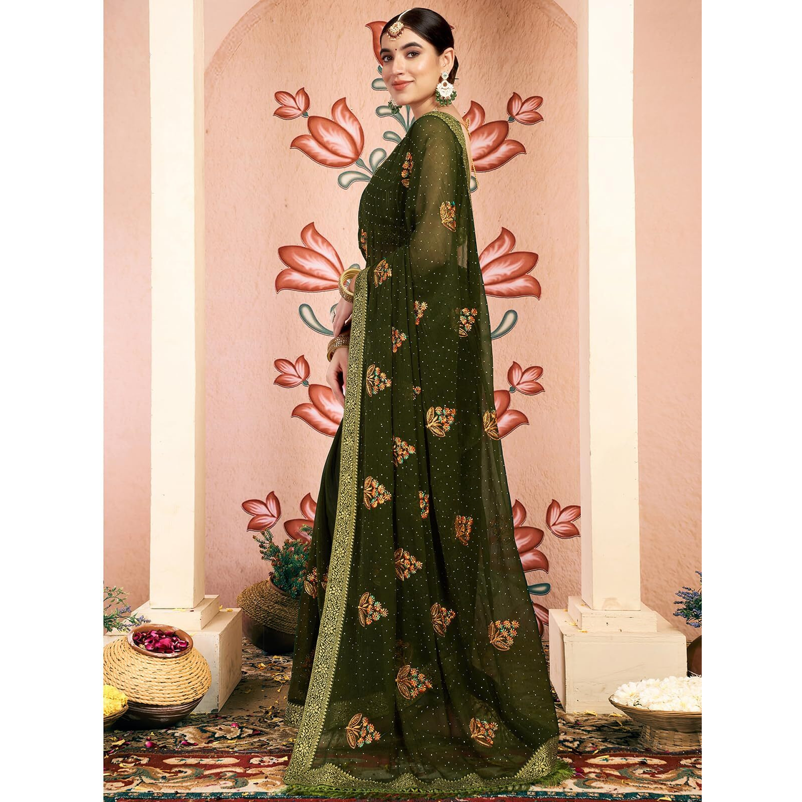 Satrani Women's Georgette Embroidery & Stone Work Saree With Unstitched Blouse Piece (4065S2823N_Olive Green & Multi)