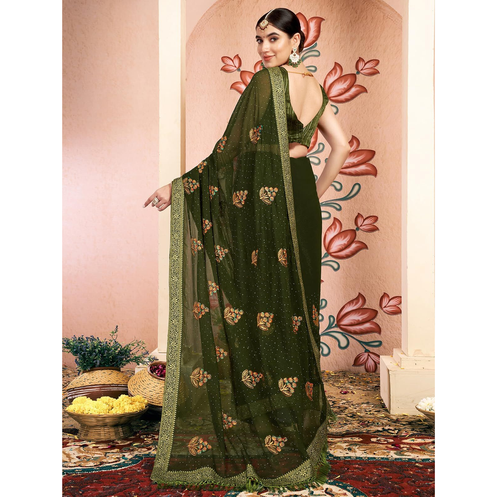 Satrani Women's Georgette Embroidery & Stone Work Saree With Unstitched Blouse Piece (4065S2823N_Olive Green & Multi)