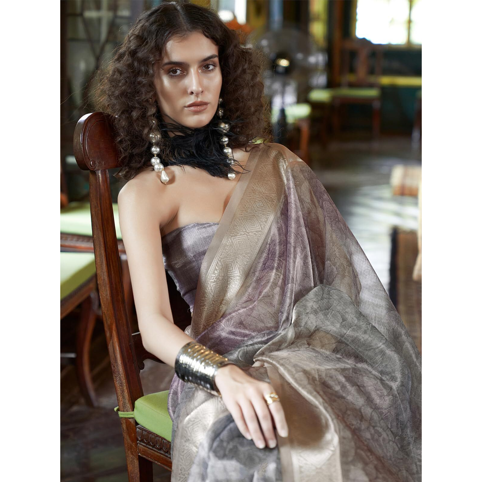 Satrani Women's Organza Floral Printed Banarasi Jacquard Saree With Unstitched Blouse Piece (3777S104N_Beige & Moss Green & Lavender)