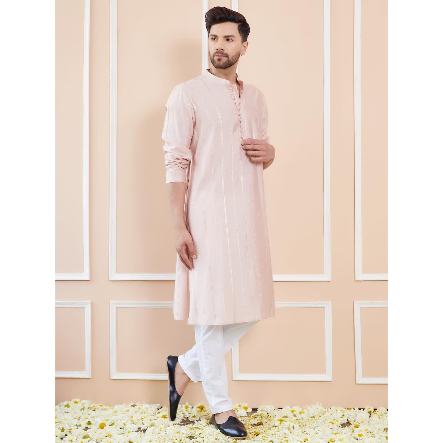 See Designs Men Full Sleeve Side Slit Pink And Gold Chanderi Silk Sequins Mandarin Collar Kurta - Sdkt2432M