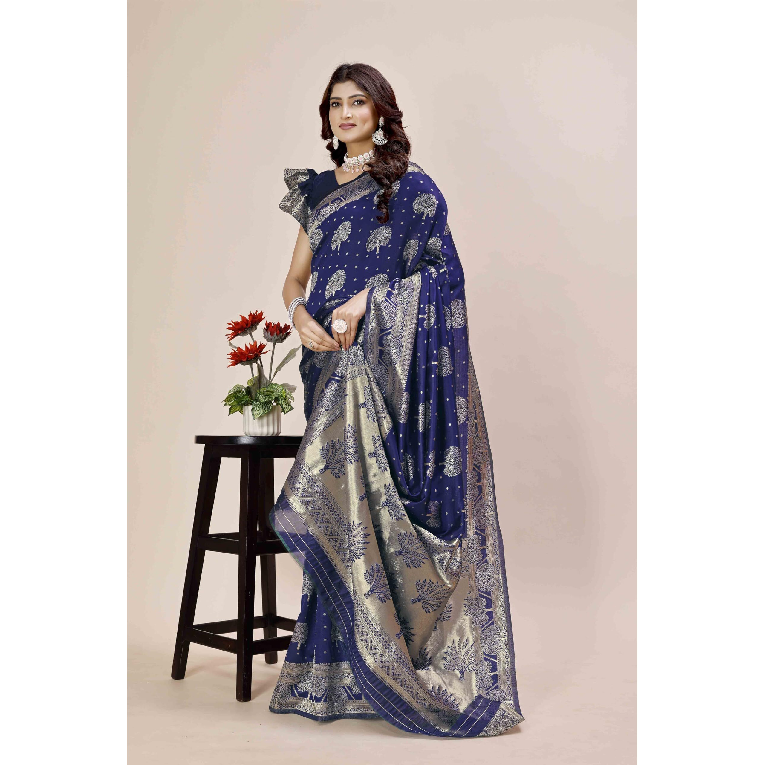 Shasmi Women's Banarasi Saree Pure Kanjivaram Silk Saree Soft New Ladies 2025 Design Wear Pattu Sarees Latest Party Sari Collections With Blouse Piece For Wedding Sadi (Pari-217 Navy Blue)