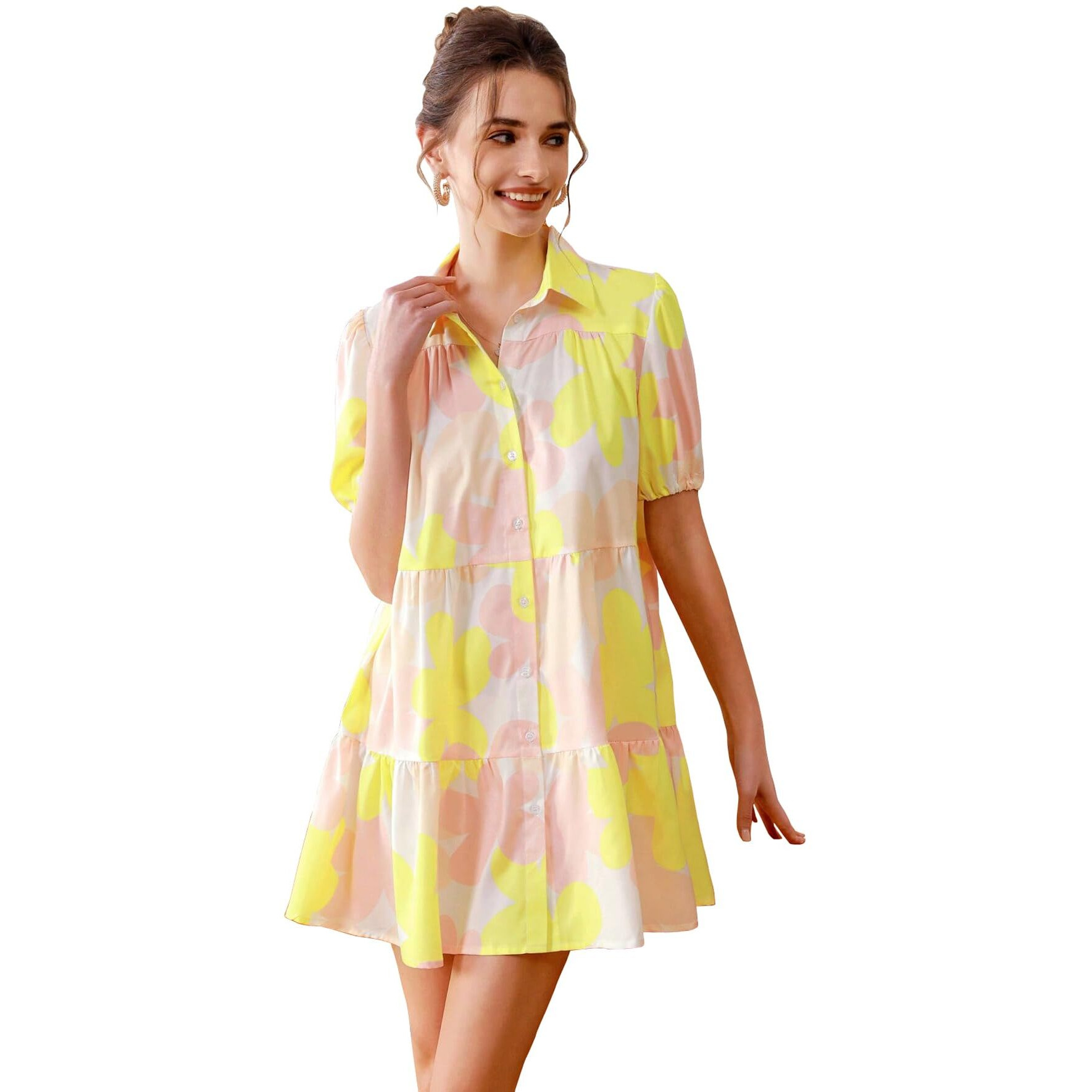 Shasmi Women's Yellow Flower Print Short Sleeve Button Front All-Over Printed Dresses, Ruffle Hem Smock Dress For Woman (161 Dress Yellow-M)