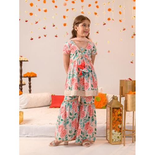 Pspeaches Girl's Cotton Kurta & Sharara (Sha-Peachfloral-14-15Y_Peach