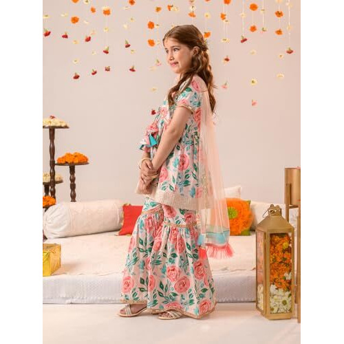Pspeaches Girl's Cotton Kurta & Sharara (Sha-Peachfloral-14-15Y_Peach