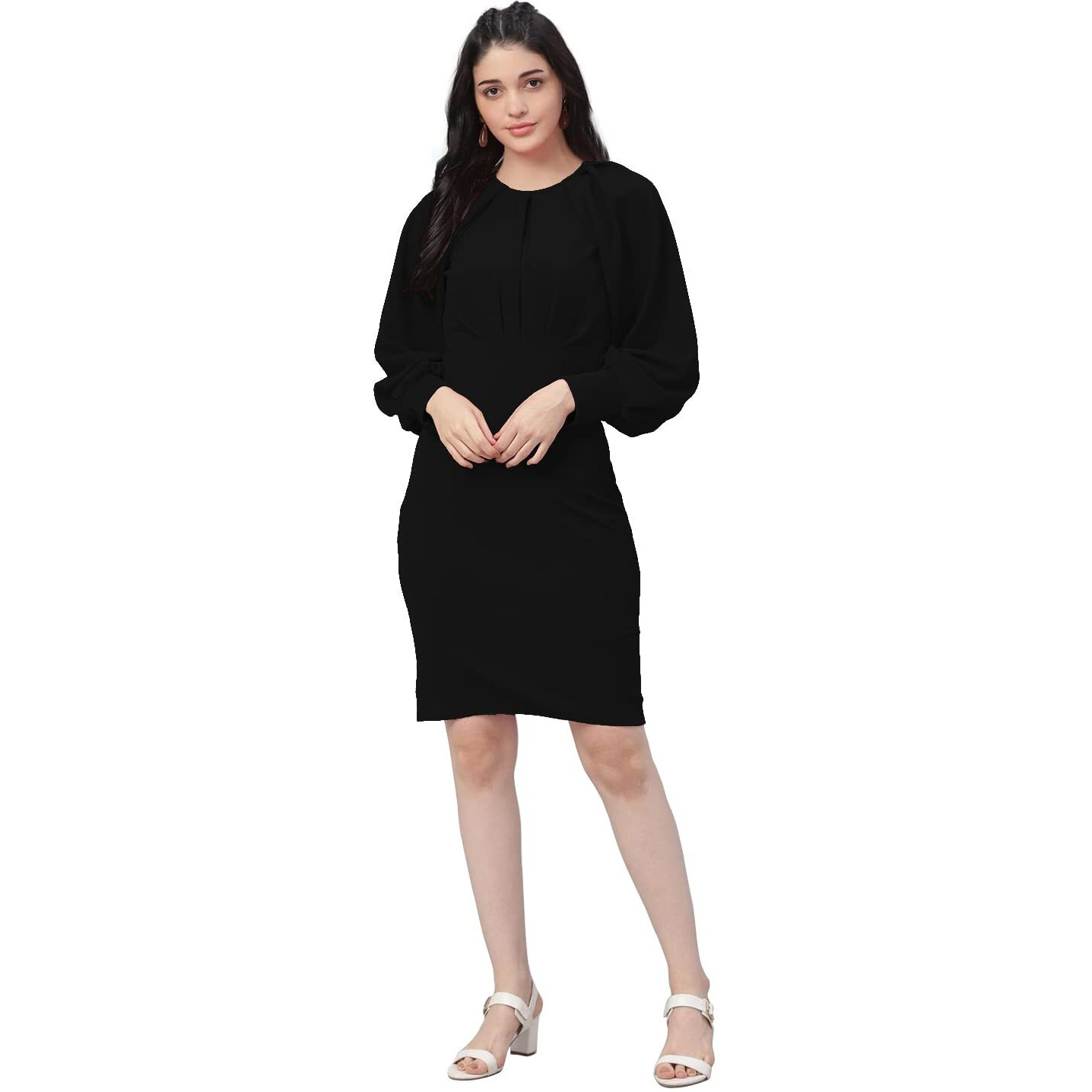 Shasmi Women's Comfortable Black Round Neck Full Sleeve Solid Midi Bodycon Casual Western Stylish Dress For Womens/Midi Dress For Girls (Shree Midi 15 Black S)