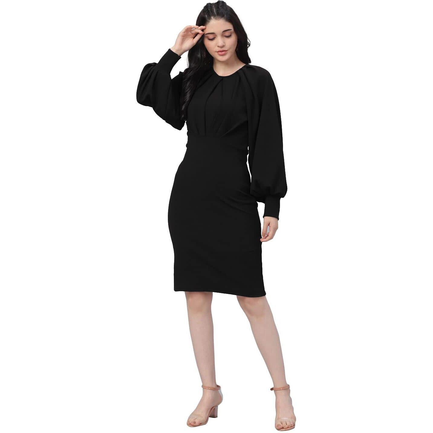 Shasmi Women's Comfortable Black Round Neck Full Sleeve Solid Midi Bodycon Casual Western Stylish Dress For Womens/Midi Dress For Girls (Shree Midi 15 Black S)