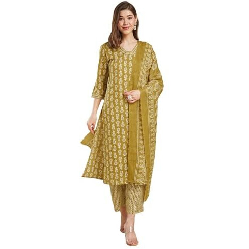 Sanisa Women's Cotton Blend Printed Straight Kurta With Pant And Dupatta Set (236Kbd2494N-Xxl_Mustard Yellow & Beige)