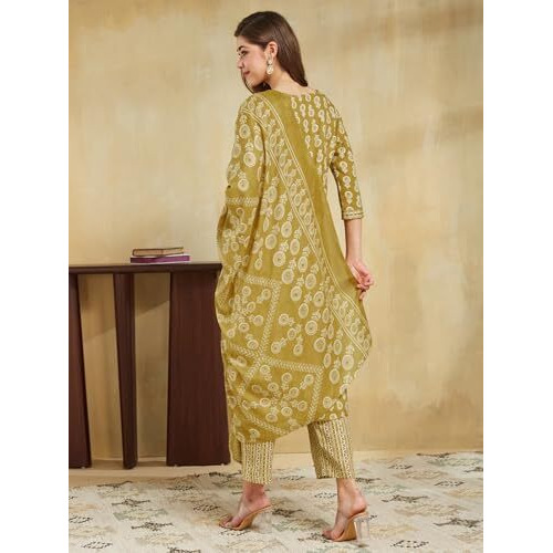 Sanisa Women's Cotton Blend Printed Straight Kurta With Pant And Dupatta Set (236Kbd2494N-Xxl_Mustard Yellow & Beige)