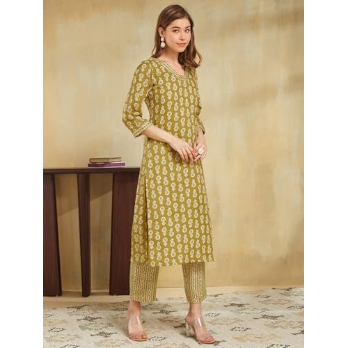 Sanisa Women's Cotton Blend Printed Straight Kurta With Pant And Dupatta Set (236Kbd2494N-Xxl_Mustard Yellow & Beige)