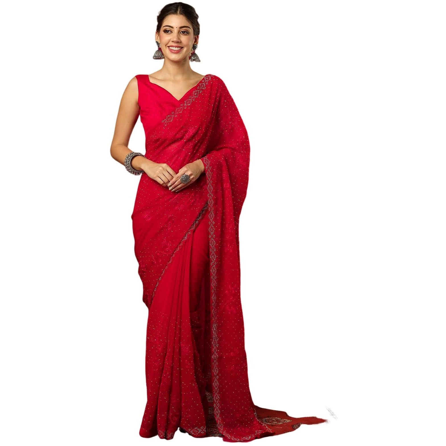 Satrani Women's Shimmer Chiffon Embroidered Stone Work Saree With Unstitched Blouse Piece (4395S3122N_Red)