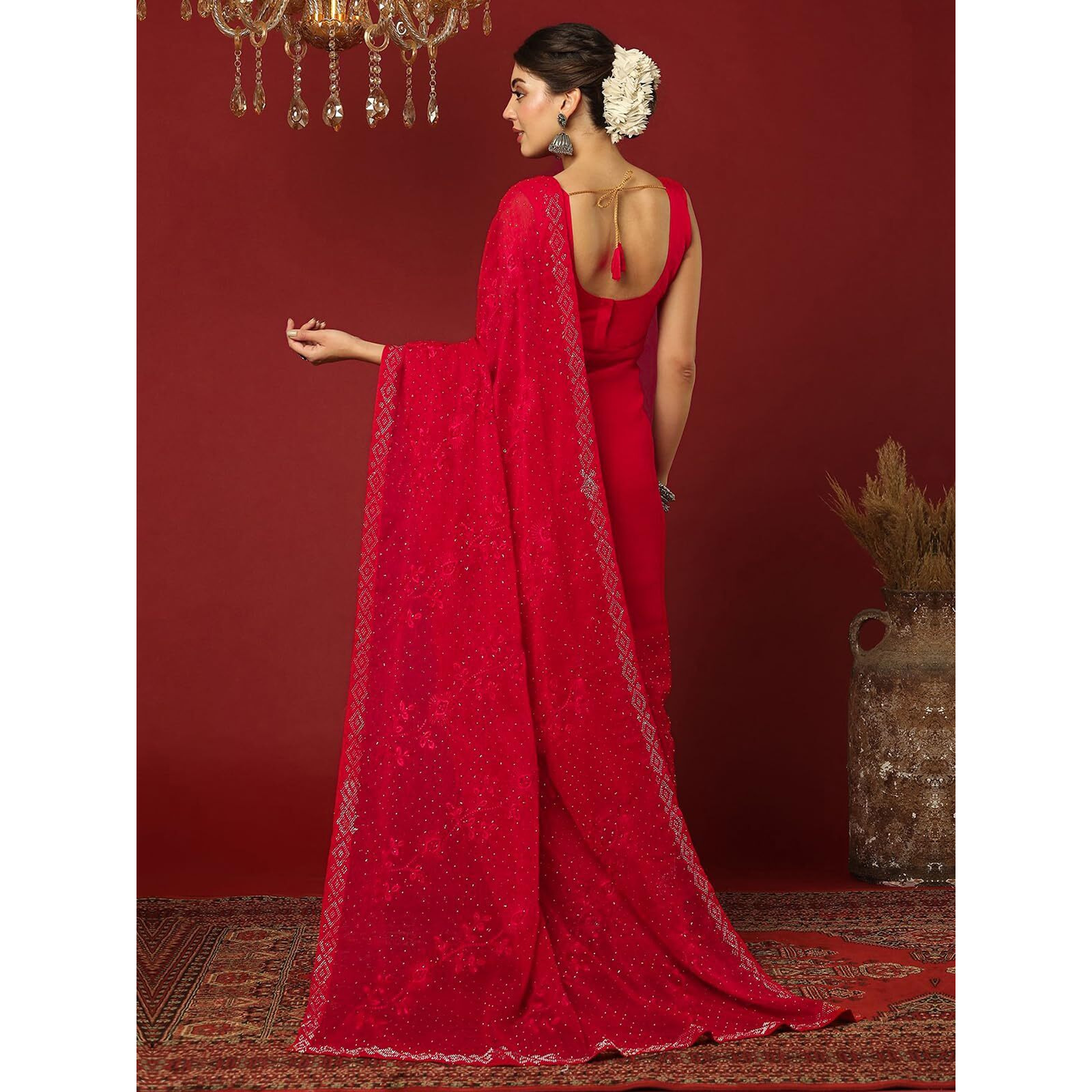 Satrani Women's Shimmer Chiffon Embroidered Stone Work Saree With Unstitched Blouse Piece (4395S3122N_Red)