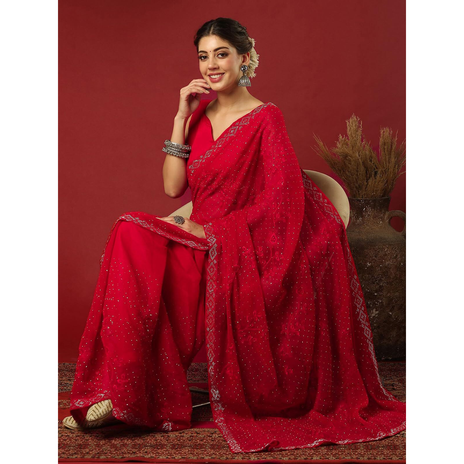 Satrani Women's Shimmer Chiffon Embroidered Stone Work Saree With Unstitched Blouse Piece (4395S3122N_Red)