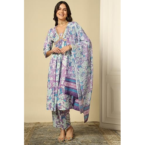 Greciilooks Women Semi Cotton Alia Cut Regular Fit Kurta Set (Purple, Small)