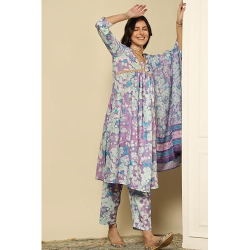 Greciilooks Women Semi Cotton Alia Cut Regular Fit Kurta Set (Purple, Small)