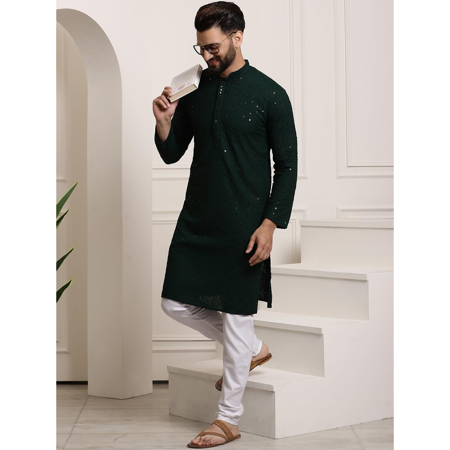 Sojanya (Since 1958 Men's Pure Cotton Green Sequence Kurta & White Pyjama Set