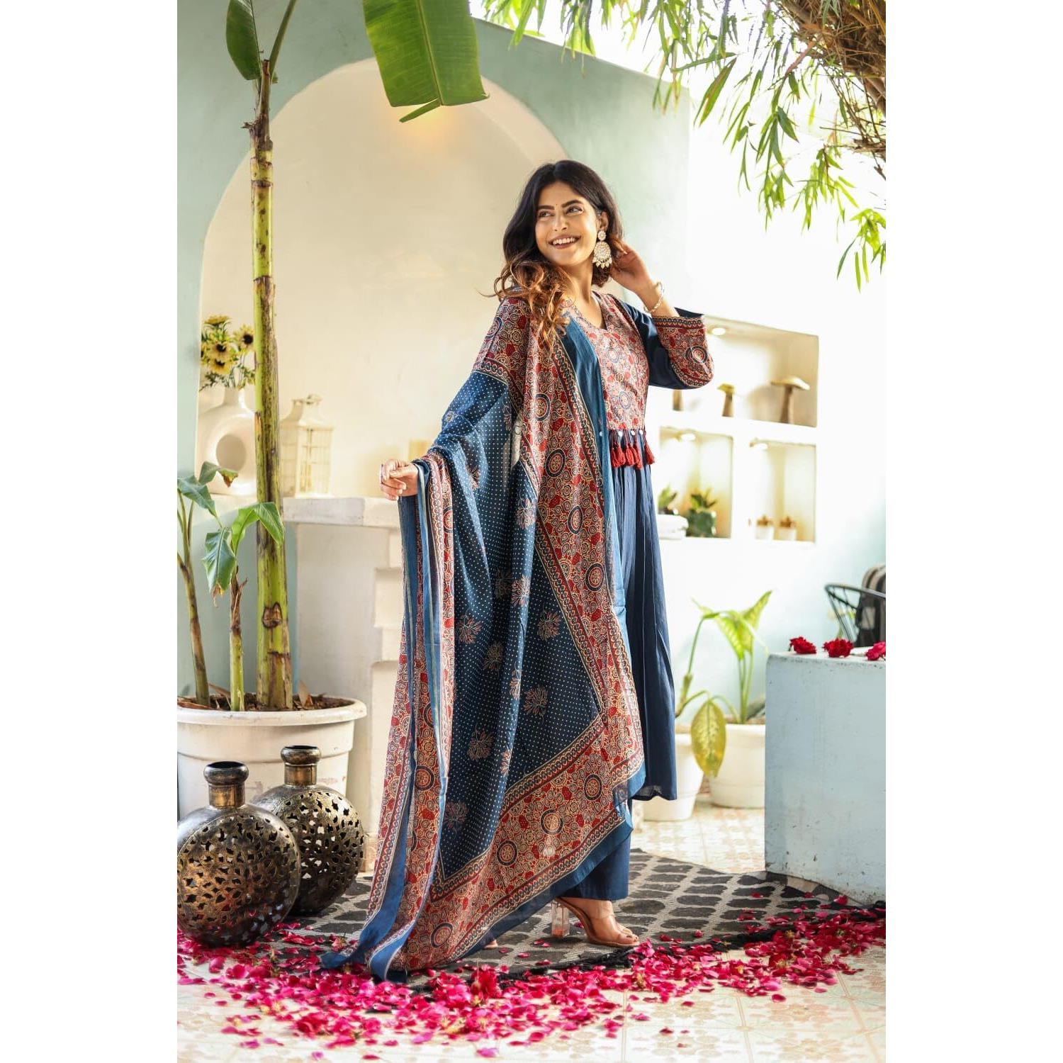 Stylum Women's Ajrakh Printed Cotton A-Line Kurta Pant Dupatta Set (Kpdblueheera44_Blue, 2Xl)