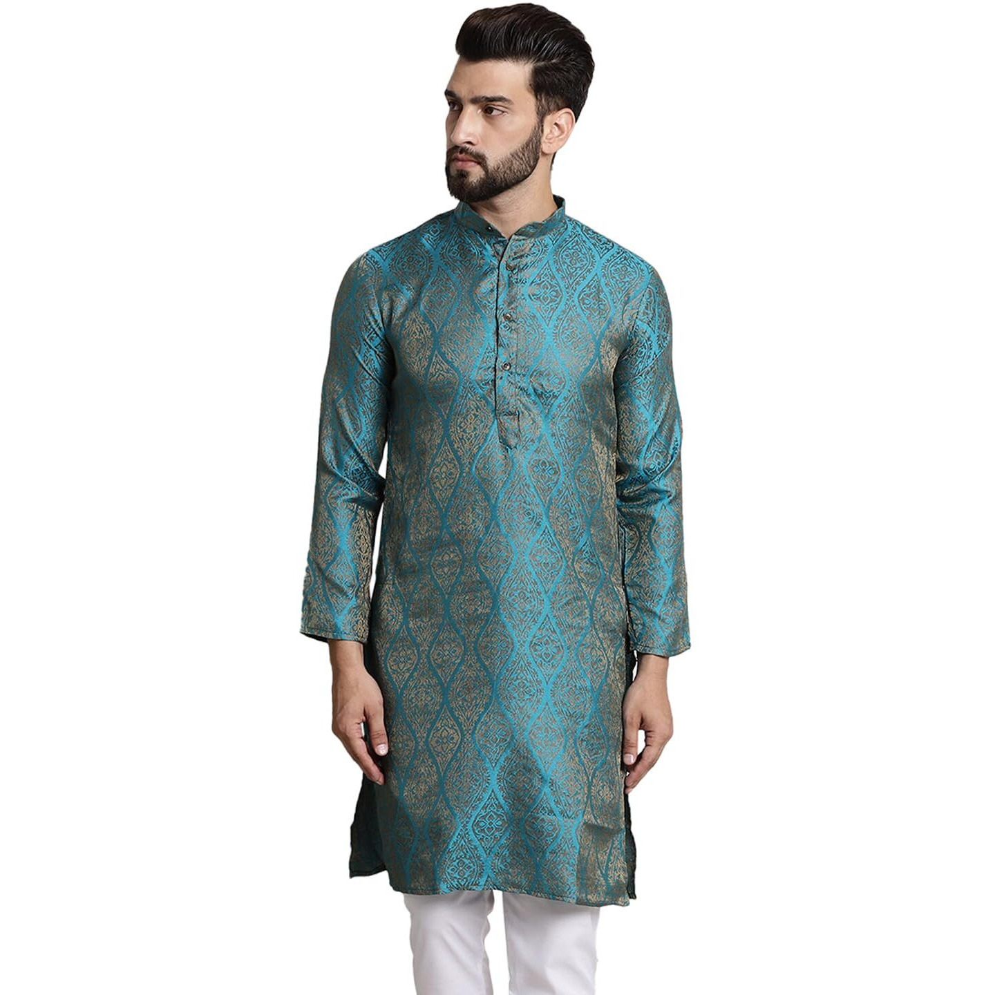 Sojanya (Since 1958 Men's Silk Blend Teal Blue Color Self Design Only Long Kurta