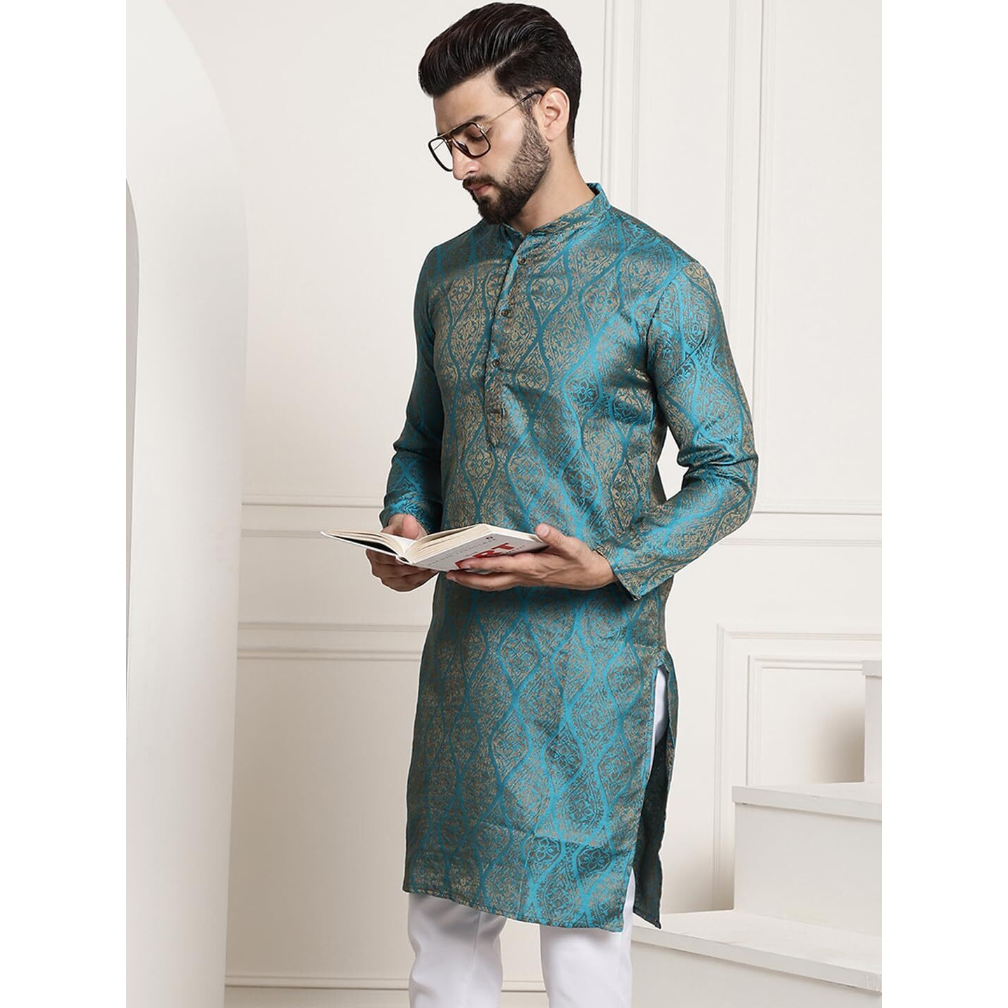 Sojanya (Since 1958 Men's Silk Blend Teal Blue Color Self Design Only Long Kurta