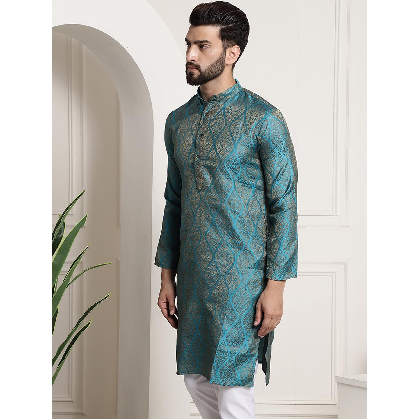 Sojanya (Since 1958 Men's Silk Blend Teal Blue Color Self Design Only Long Kurta