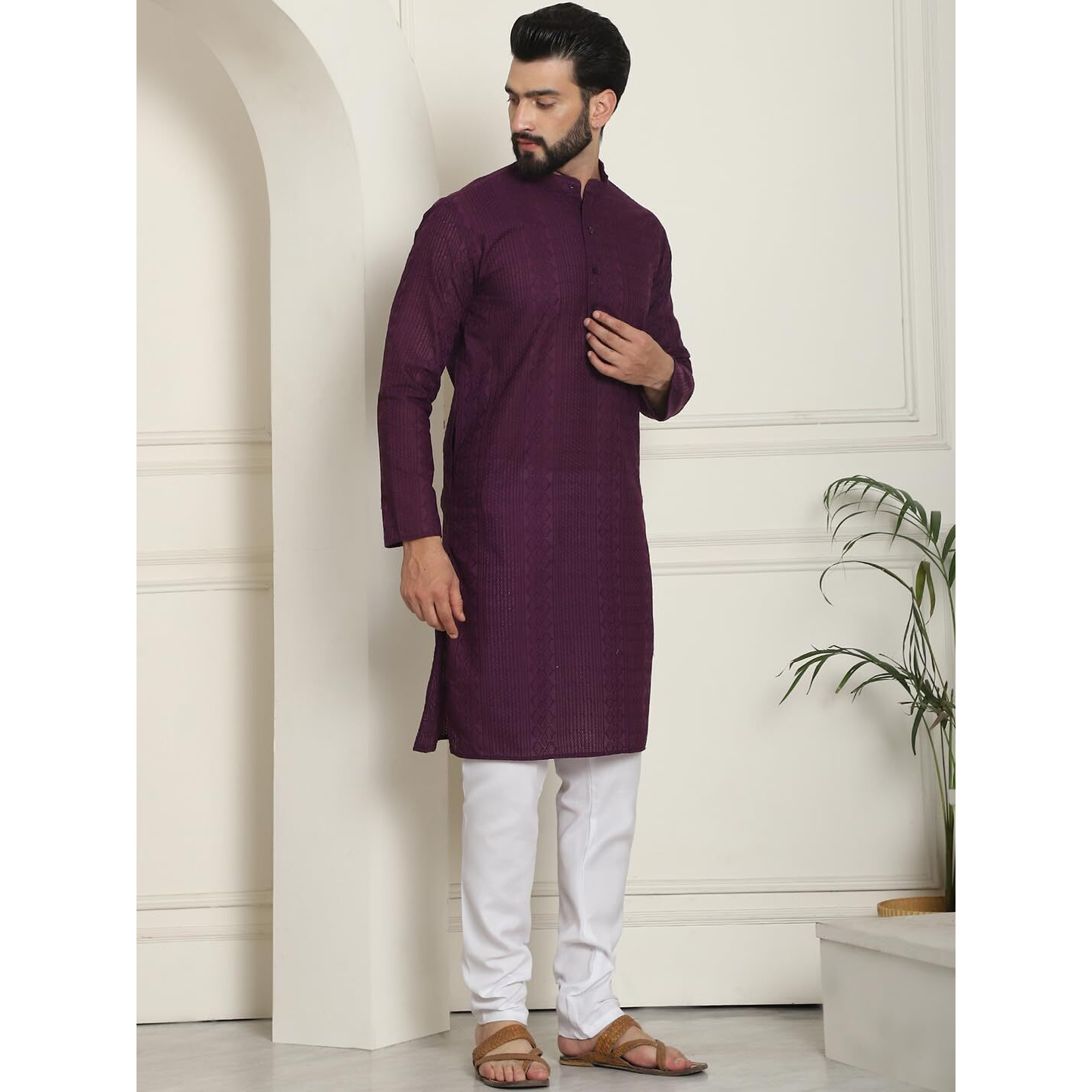 Sojanya (Since 1958 Men's Cotton Thread Embroidered Wine Kurta With White Churidaar Pyjama