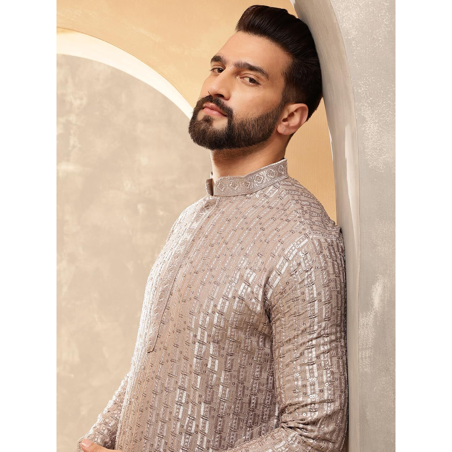 Sojanya (Since 1958 Men's Cotton Rayon Shiny Thread Sequinned Brown Only Long Kurta