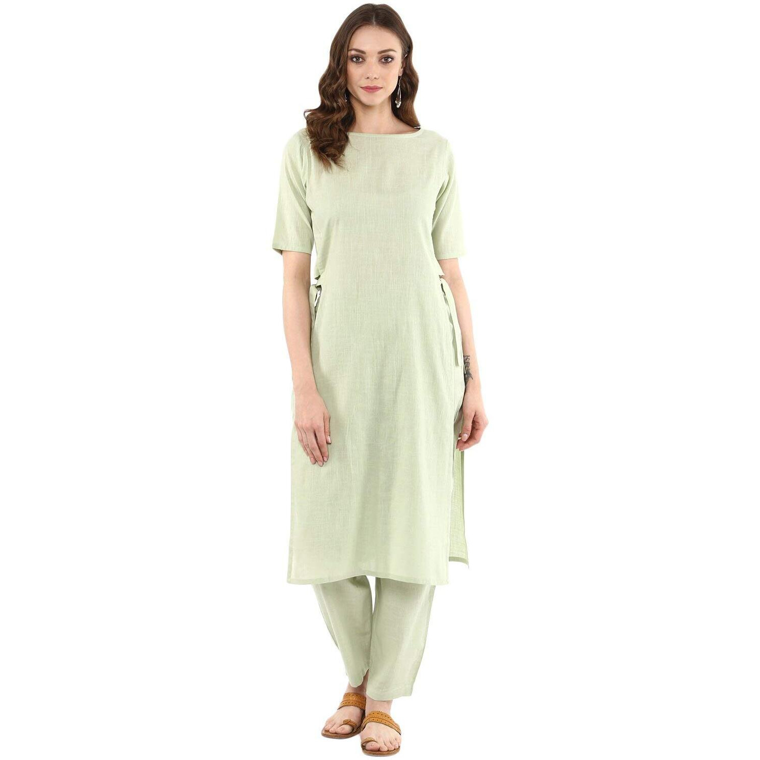 Idalia Sage Green Solid Straight Kurta Set For Women 3/4 Sleeve, Round V Neck Designer Kurta With Pant