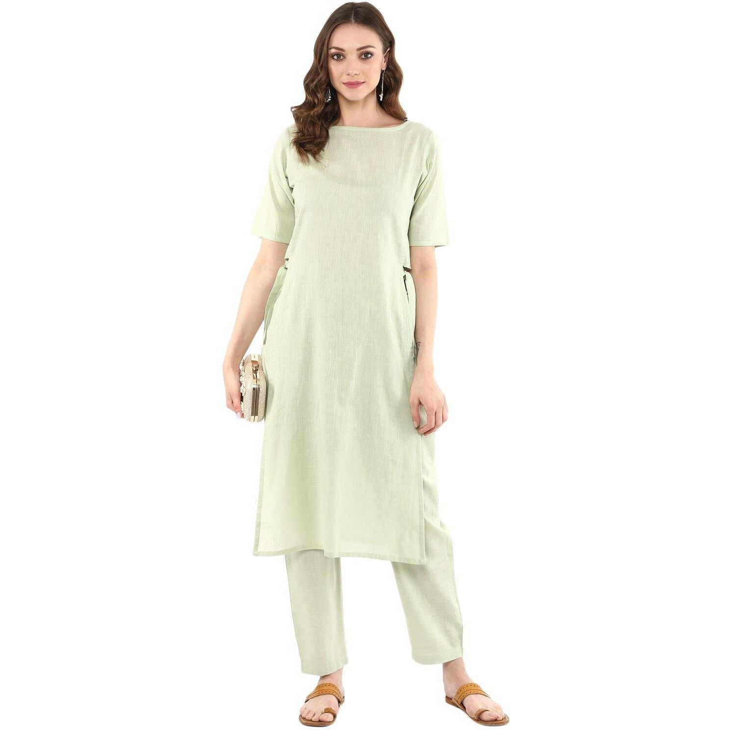 Idalia Sage Green Solid Straight Kurta Set For Women 3/4 Sleeve, Round V Neck Designer Kurta With Pant
