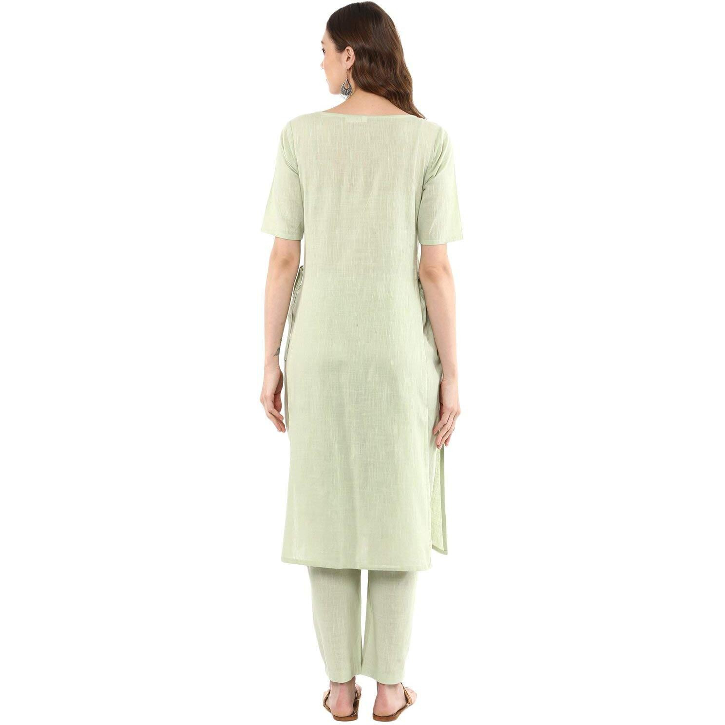 Idalia Sage Green Solid Straight Kurta Set For Women 3/4 Sleeve, Round V Neck Designer Kurta With Pant