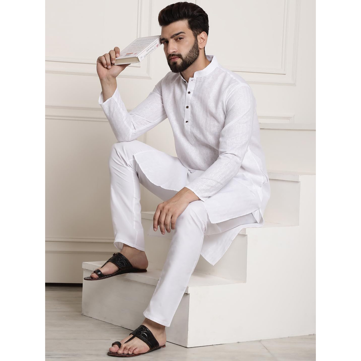 Sojanya (Since 1958 Men's Cotton Blend White Checked Kurta And White Churidar Pyjama Set