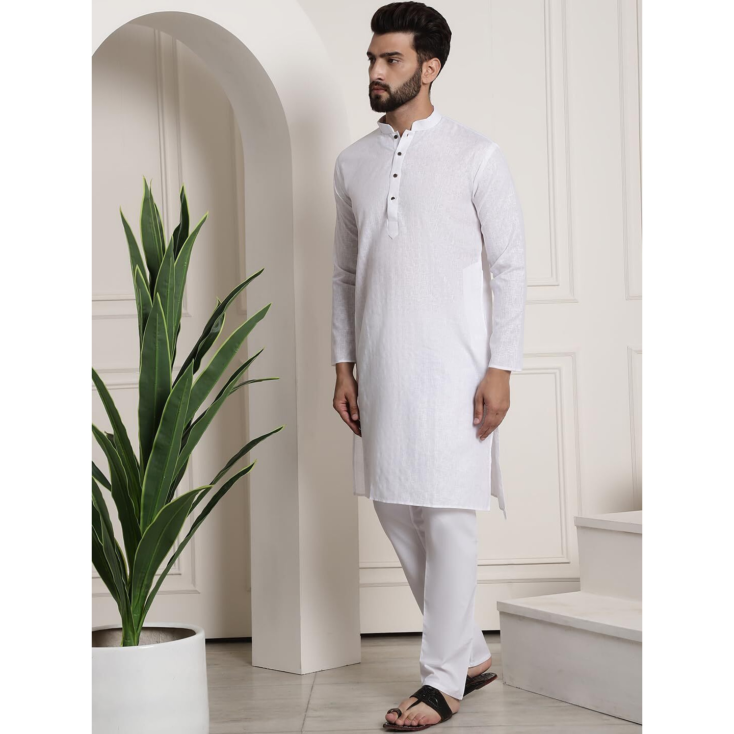 Sojanya (Since 1958 Men's Cotton Blend White Checked Kurta And White Churidar Pyjama Set