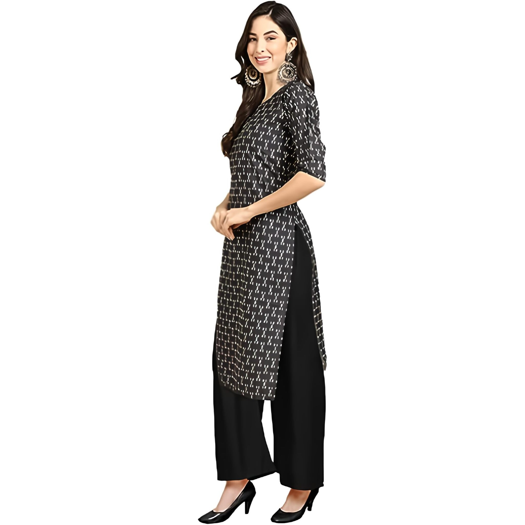 Patlani Women's Cotton Blend Printed Straight Kurta Black-Zigzeg-S