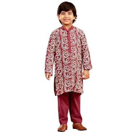 Vastramay Boys' Maroon Kurta And Pyjama Set - Georgette Embroidered Kurta And Patiala Set For Men.