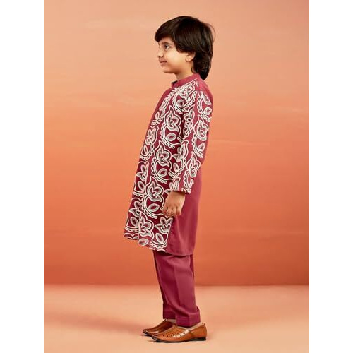 Vastramay Boys' Maroon Kurta And Pyjama Set - Georgette Embroidered Kurta And Patiala Set For Men.