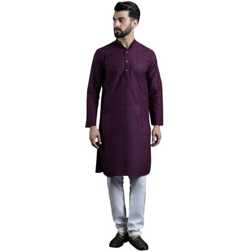 Sojanya (Since 1958 Men's Cotton Thread Embroidered Wine Kurta With White Churidaar Pyjama