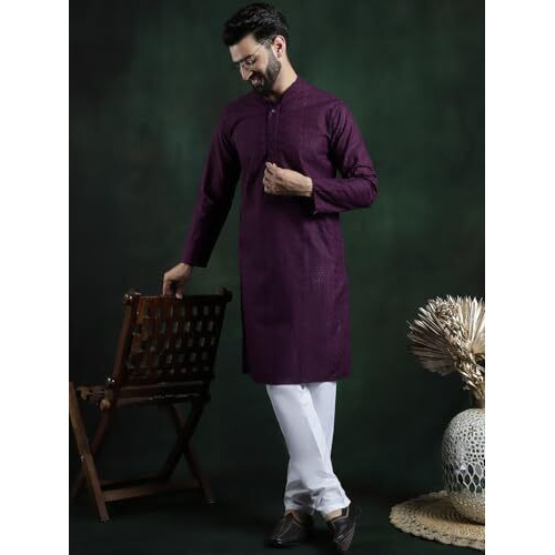 Sojanya (Since 1958 Men's Cotton Thread Embroidered Wine Kurta With White Churidaar Pyjama
