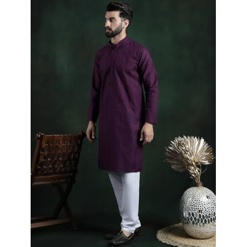 Sojanya (Since 1958 Men's Cotton Thread Embroidered Wine Kurta With White Churidaar Pyjama