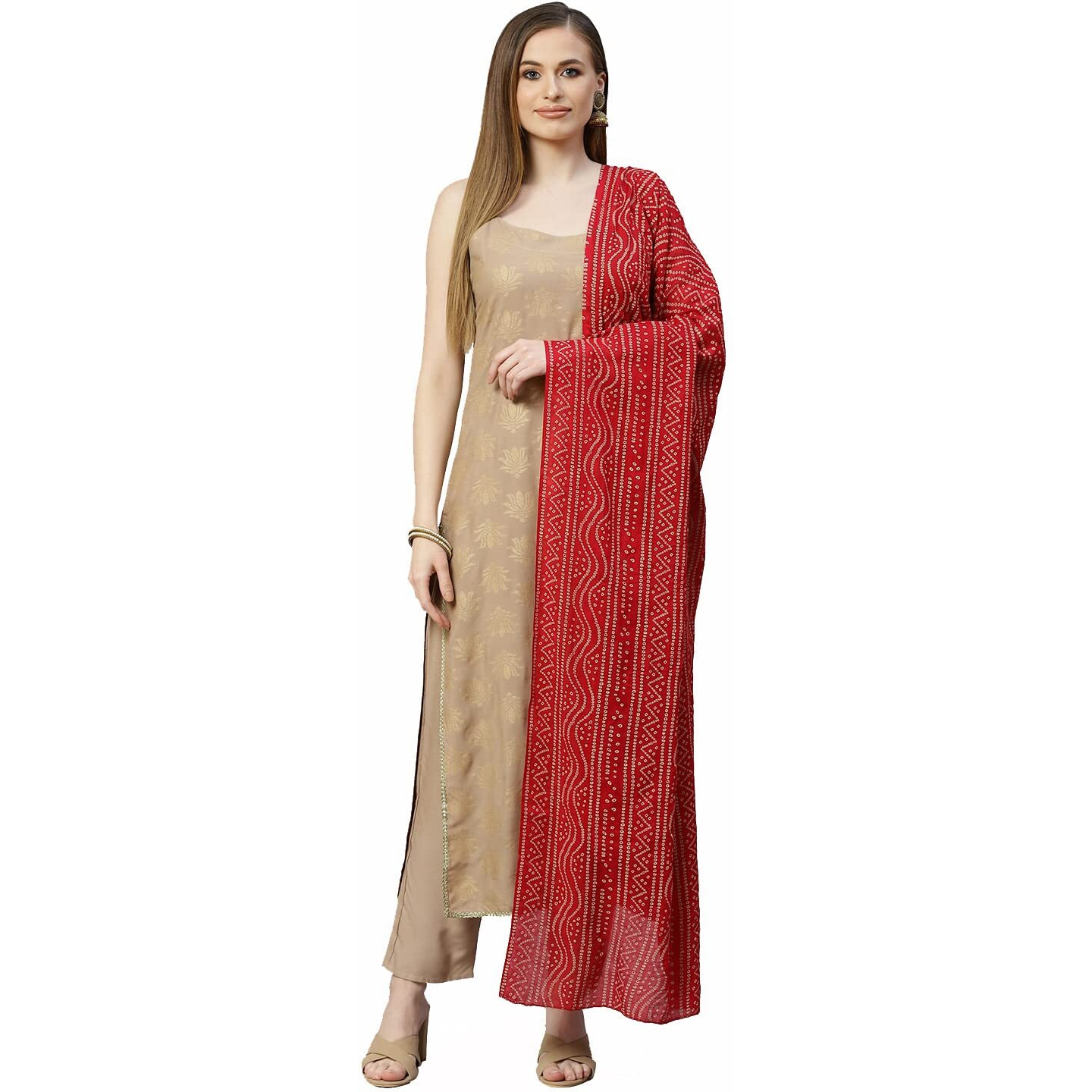 Stylum Women's Gold Print Rayon Straight Kurta Pant Dupatta Set (Kpdbeigelotus36_Beige, S)