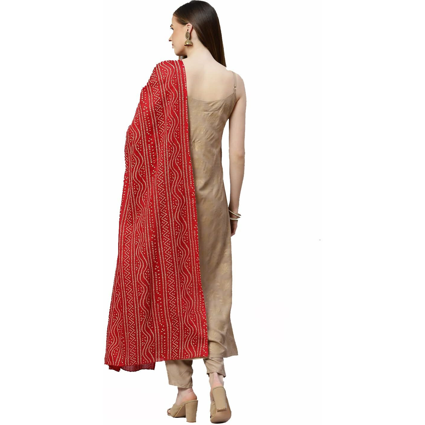 Stylum Women's Gold Print Rayon Straight Kurta Pant Dupatta Set (Kpdbeigelotus36_Beige, S)