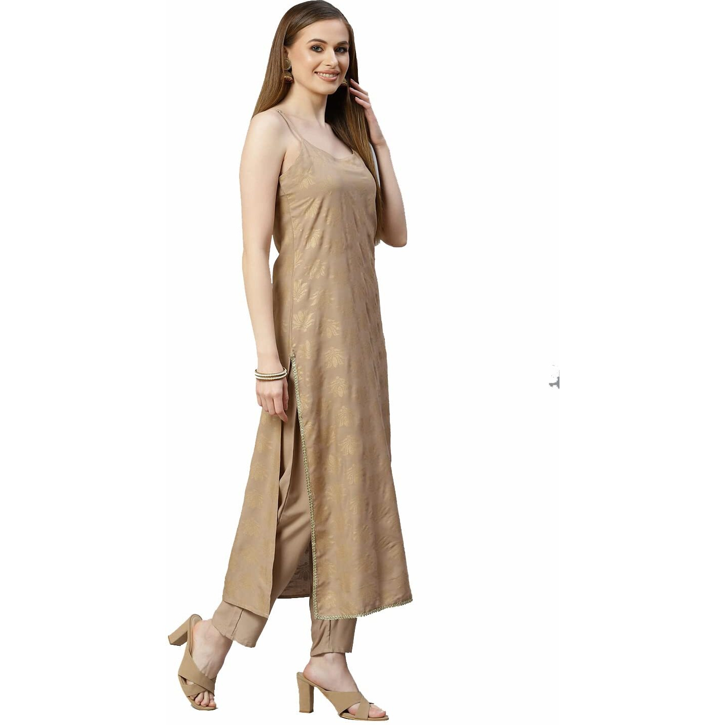Stylum Women's Gold Print Rayon Straight Kurta Pant Dupatta Set (Kpdbeigelotus36_Beige, S)