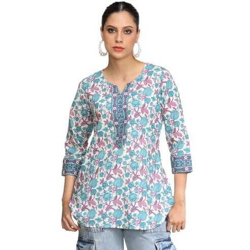 Varanga Women Floral Printed Curved Hem Tunic Blue