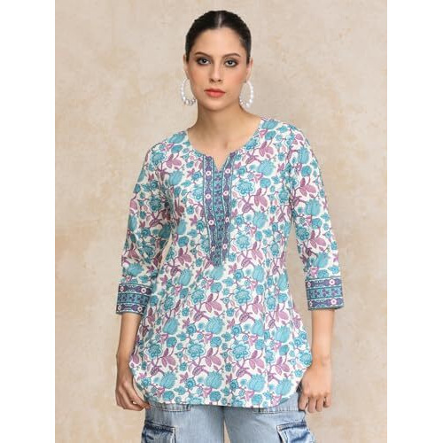 Varanga Women Floral Printed Curved Hem Tunic Blue