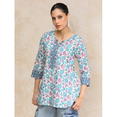 Varanga Women Floral Printed Curved Hem Tunic Blue