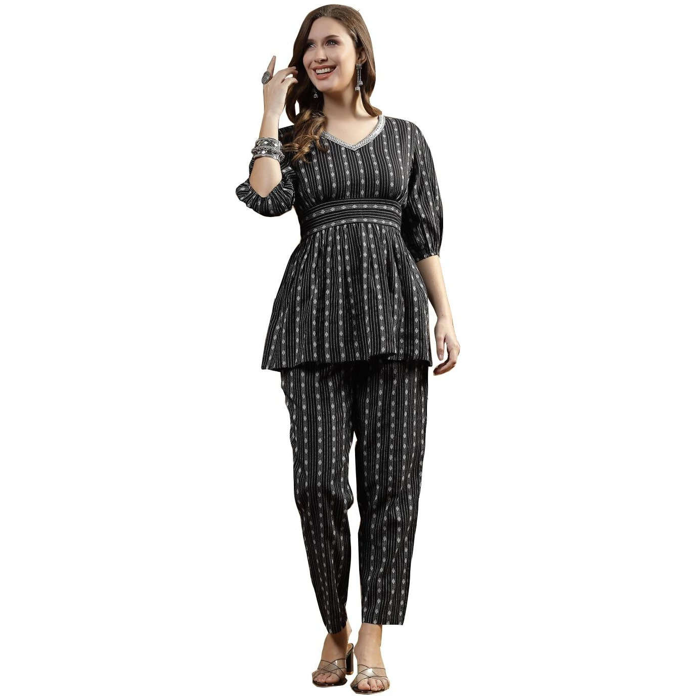 Stylum Women's Woven Design Cotton Co-Ord Set (Csramyablack40_Black, L)