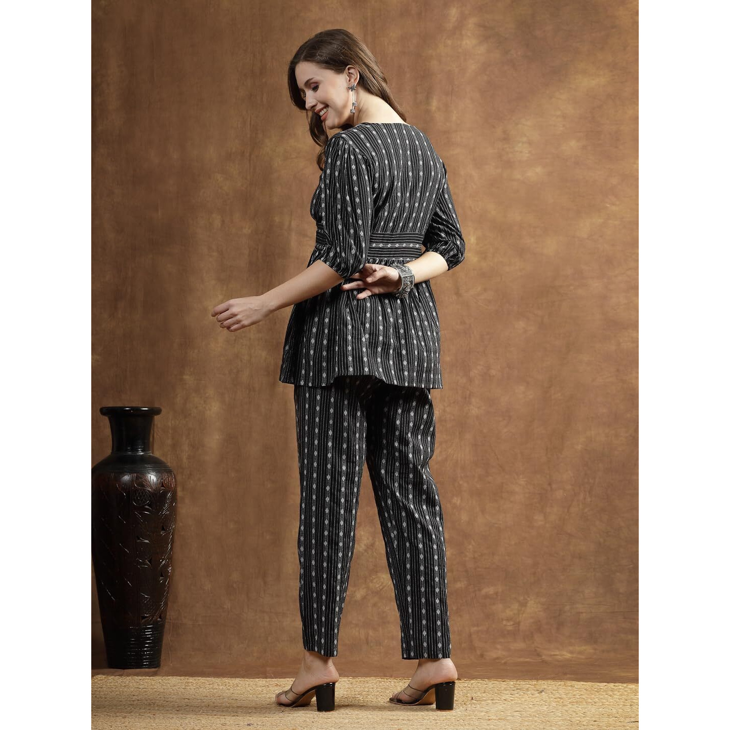 Stylum Women's Woven Design Cotton Co-Ord Set (Csramyablack40_Black, L)