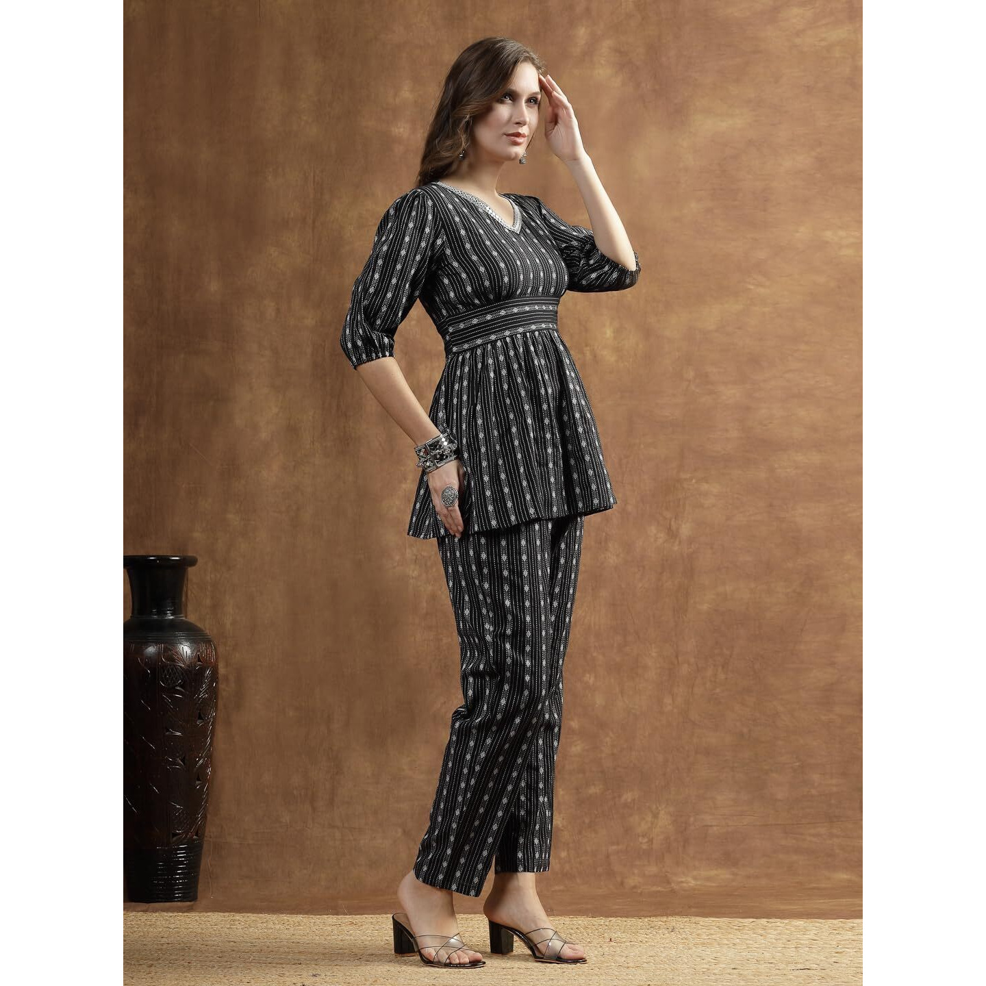 Stylum Women's Woven Design Cotton Co-Ord Set (Csramyablack40_Black, L)