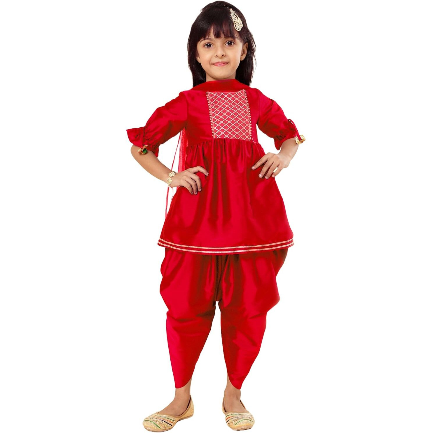 A.T.U.N. (All Things Uber Nice) Girls Pleated Gotta Patti Kurti With Dhoti Pants & Dupatta